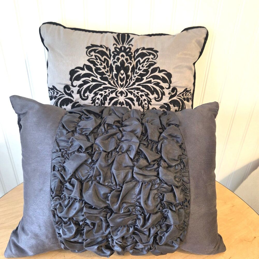 Set of 2 Black Gray Decorative Pillows Damask & Ruffle Accent Cushions